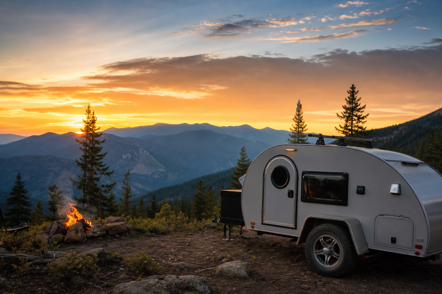 nuCamp teardrop camper at a mountain campsite